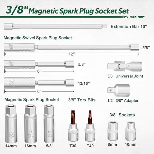 3/8" Drive Spark Plug Socket Set, 13Pcs SAE & Metric 5/8" x 12", 5/8" x 6", 13/16" x 6", 14mm, 16mm, 5/8", 12 Point, Swivel Magnetic Spark Plug Removal Tool for Cars and Motorcycles - size: 13Pcs