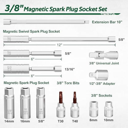 3/8" Drive Spark Plug Socket Set, 13Pcs SAE & Metric 5/8" x 12", 5/8" x 6", 13/16" x 6", 14mm, 16mm, 5/8", 12 Point, Swivel Magnetic Spark Plug Removal Tool for Cars and Motorcycles - size: 13Pcs