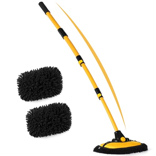 anngrowy 56.7" Car Wash Brush Mop Kit Mitt Sponge with Long Handle Car Cleaning Supplies Kit Tools Car Washing Duster Exterior Scratch Free, Chenille Replacement Head Extension Pole - color: Black