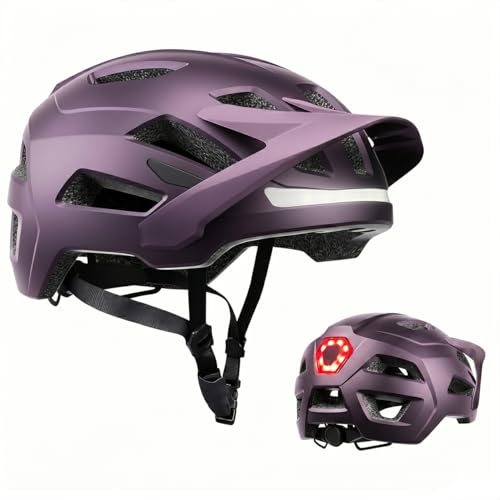 Bike Helmet, Helmets for Adults Men, Front and Back LED Lights Safe Certified MTB Road Bicycle Helmet with Adjustable Brim - color: Purple, size: M (55-58cm)