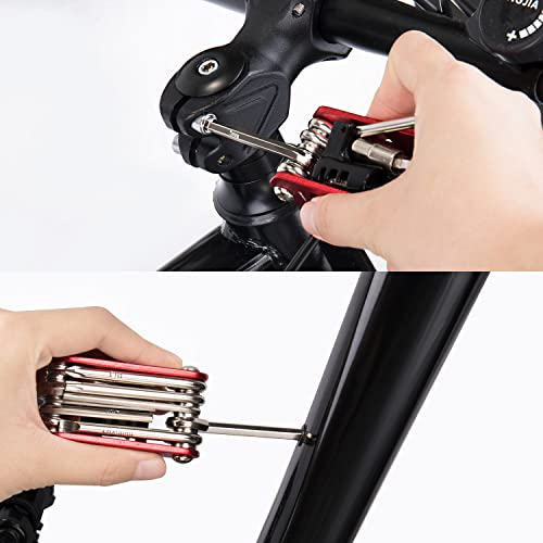 WOTOW Bike Repair Tool Kit & Bike Saddle Bag, 14 in 1 Bike Chain Tool Hex Key Wrench Maintain Accessories Multitool Set with Portable Under Seat Bag for Road Mountain Commuter Bicycle - style: 14 in 1 Multitool (Red)