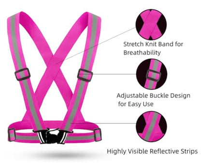 Running Reflective Vest Elastic Adjustable Reflective Vest 2 Pieces with 4 High-Visibility Reflective Belts for Nighttime Running Biking Motorcycle Dog Walking fits Men Women Kids - color: Pink-Green