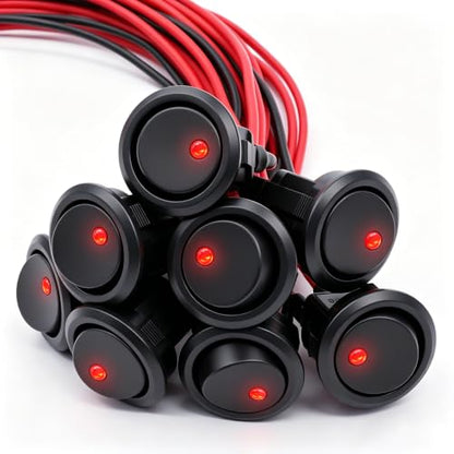 Twidec/8Pcs SPST Round Dot Lighted Rocker Switch Toggle Control for Car Or Boat 20A 12V DC On/Off Red LED Light with Pre-soldered Wires KCD2-102N-R-X - color: Red LED-Round