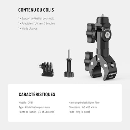 NEEWER Motorcycle Bike Handlebar Clamp Mount, Heavy Duty Clip Holder, 1/4" Screw & 3 Prong Adapter Compatible with Insta360 X5 X4 GoPro Hero 13 12 POV Video Recording, 360° Rotation & 270° Tilt, CA161 - style: CA161