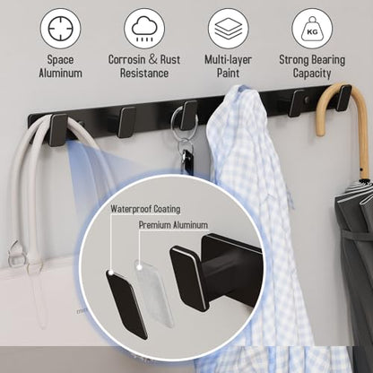 Coat Hook Wall Rack Hanger - Black Coat Rack with 6 Hooks Wall Hooks for Hanging Hat Key Bag Towel Wall Mount Coat Holder - color: Black, size: Rectangle 6 Hooks 1 Pack