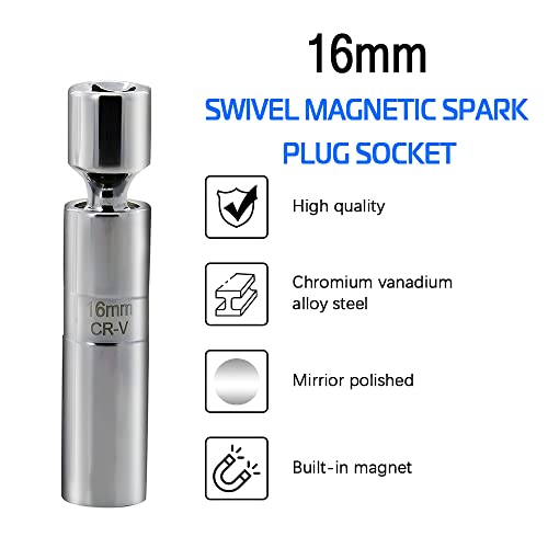 A ABIGAIL 16mm Thin Wall Swivel Magnetic Spark Plug Socket 3/8 Inch Drive 12-Point 5/8 Inch Spark Plug Socket Removal Tool Compatible with Motorcycle, Car, SUV, BMW - size: 16mm