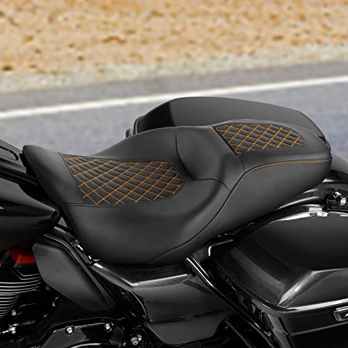 C.C. RIDER Leather Rear Passenger Seat - For Harley Touring Road King Street Glide Electra Glide Road Glide 2009-2023 Black Orange - color: Seat-01 Orange Stitching