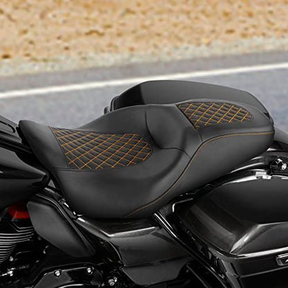 C.C. RIDER Leather Rear Passenger Seat - For Harley Touring Road King Street Glide Electra Glide Road Glide 2009-2023 Black Orange - color: Seat-01 Orange Stitching