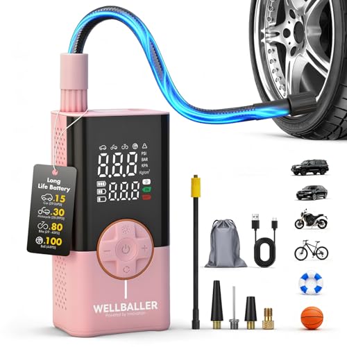 Tire Inflator Portable Air Compressor,Long Battery Life Bike air Pump with Digital Pressure Gauge & LED Light,150PSI Cordless Air Pump for Bike Tires,Fast Inflation for Car,Motorcycle,Bicycle,Ball - color: Pink