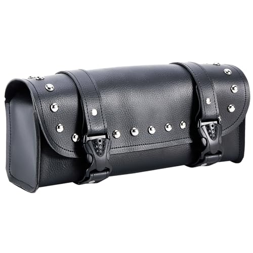 Dream Apparel Motorcycle Tool Fork Bag, PU Leather Front Bag for Motorcycle Front Fork Handlebar Universal Black Sissy Bar Roll Storage Pouch - style: With Studs