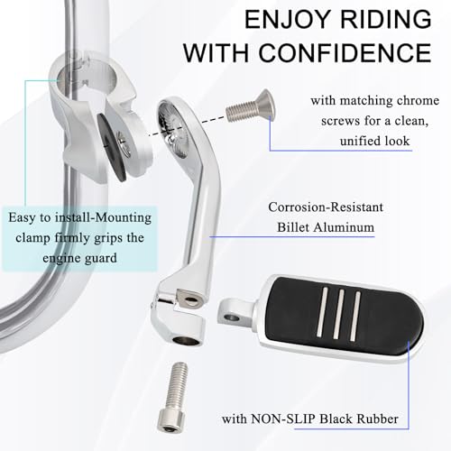 1.25" (32mm) Adjustable Highway Foot Pegs w/Long Extended Angled Mounts for Harley Davidson Touring Street Glide/Road Glide/Electra Glide/Road King Motorcycle w/1-1/4" Crash Bar,CHROME#1