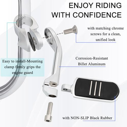 1.25" (32mm) Adjustable Highway Foot Pegs w/Long Extended Angled Mounts for Harley Davidson Touring Street Glide/Road Glide/Electra Glide/Road King Motorcycle w/1-1/4" Crash Bar,CHROME#1