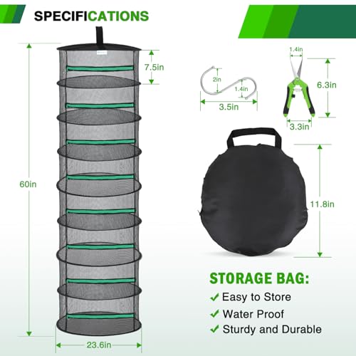 Yesker 8 Layer Herb Drying Rack Hanging Mesh Net Foldable Plant Drying Racks 24" w Green Zipper Pruning Shears Hook Dryer Hanging Rack for Herbs Seed Bud Fruit Clothes Grow Tent Closets Garden Outdoor - size: 8 Layers Green & Black
