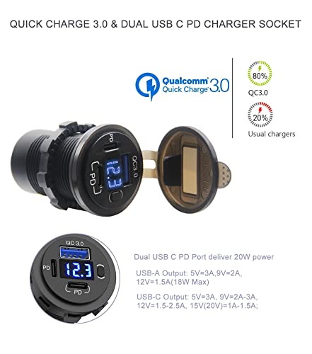 12V USB Outlet, Dual USB C Car Charger Socket & Quick Charge 3.0 Port with Voltmeter and Power Switch for Car Boat Marine Truck - color: 2PD+1QC