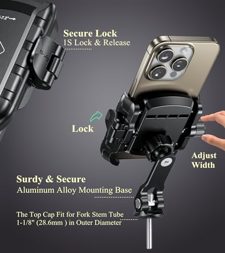 BRCOVAN Bike Fork Stem Phone Mount Holder [Camera Friendly] [1s Locking] | Adjustable Bicycle Headset Top Cap Cellphone Cradle with Solid Aluminum Mounting Base Fit 5.4'' - 7.2" Smartphones