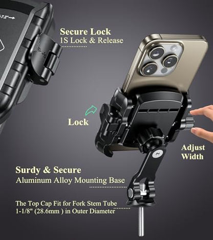 BRCOVAN Bike Fork Stem Phone Mount Holder [Camera Friendly] [1s Locking] | Adjustable Bicycle Headset Top Cap Cellphone Cradle with Solid Aluminum Mounting Base Fit 5.4'' - 7.2" Smartphones