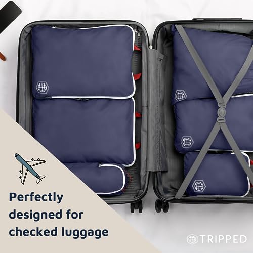 Extra Large Compression Packing Cube 6 Piece Set for Travel and Check Luggage by TRIPPED Travel Gear - color: Navy