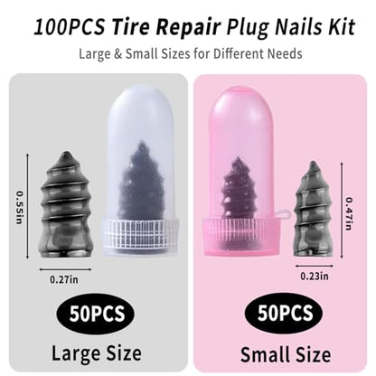 100PCS Tire Plug Kit, Screw in Tire Repair Plugs 50 Small 50 Large with Screwdriver & Storage Box | Emergency Tubeless Tire Puncture Repair Tool for Car Motorcycle Truck