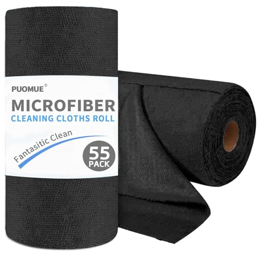 Puomue 55 Pack Microfiber Cleaning Cloth Roll, Tear Away Reusable Paper Towels, 11" X 9", Ultra Absorbent & Lint Free Microfiber Cloth for Cleaning Cars, Kitchen, Window, Home and Shop, Black - color: Black