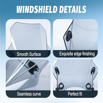 Motorcycle Universal Windshield 16.7” Windscreen Compatible with Yamaha Harley Honda Kawasaki Suzuki BMW Vulcan Cruiser Wind Deflector with 7/8" 1" 1 1/8" Handlebars, Smoke - color: Smoke