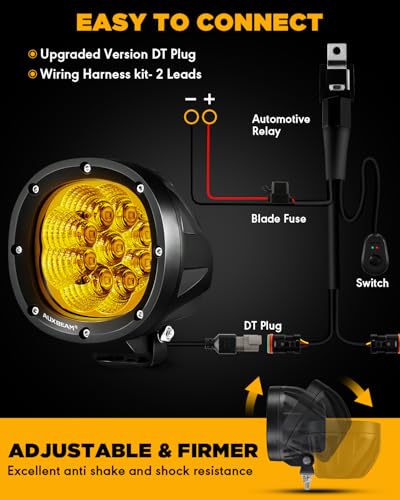 Auxbeam 4 Inch Amber Round LED Driving Light, 2PCS 90W 9000LM Yellow Fog Pods Light Bar Off-Road Flood Work Energy-Efficient Lights with DT Plug Wiring Harness Kit for Truck Jeep Pickup ATV UTV SUV - color: P4 Series-Amber Flood Beam