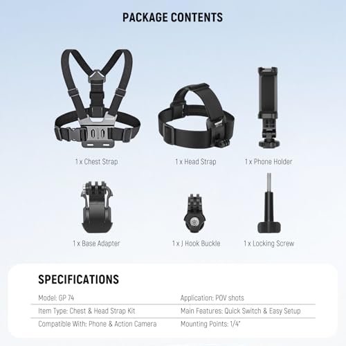 NEEWER Mobile Phone Chest Mount Head Strap Mount, Quick Release POV Vlog Accessory Kit for Video Recording, Compatible with iPhone GoPro Hero Insta360 DJI AKASO Action Camera, GP-74 - style: GP-74 Accessory