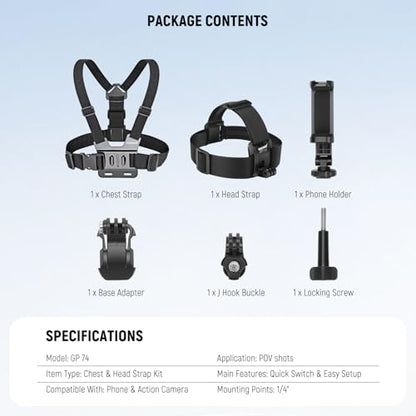 NEEWER Mobile Phone Chest Mount Head Strap Mount, Quick Release POV Vlog Accessory Kit for Video Recording, Compatible with iPhone GoPro Hero Insta360 DJI AKASO Action Camera, GP-74 - style: GP-74 Accessory