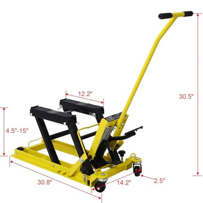 Hydraulic Motorcycle Lift Jack - 1500 Lbs Capacity, Portable ATV Scissor Lift Table with 4 Wheels, Foot-Operated Hoist Stand with Tie-Down, Yellow - color: Yellow