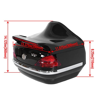 Black Motorcycle Hard Trunk Top Case with Backrest and Tail Light for Harley Davidson, Honda, Yamaha, Suzuki, Vulcan
