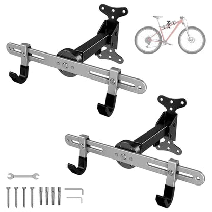 Heavy-Duty Bike Wall Mount for Garage Aluminum Alloy & Steel Folding Bicycle Rack,360° Rotation,Adjustable Hook, 66lbs Capacity Horizontal Indoor Bike Storage, for Road Mountain Hybrid Bikes - size: 2 PACK
