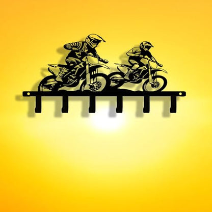 Motocross Dirt Bike 6-Hook Black Metal Entryway Rack, Keys Coats Towels Wall Decor