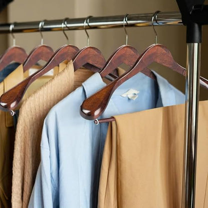DEILSY Wide Shoulder Wooden Suit Hangers with Non-Slip Pants Bar & 360° Swivel Hook - Smooth Finish Coat Hangers for Men and Women - Heavy Duty Clothes Hanger – Pack of 6 - color: Brown
