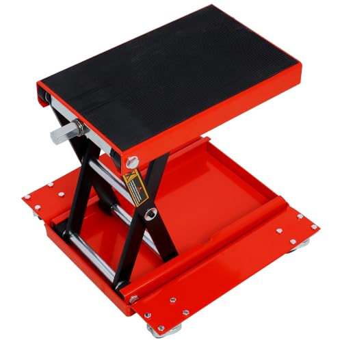 1100lb Heavy-Duty Motorcycle Lift Jack with Dolly Tray, Front Rear Center Tire Wheel Engine Stand Wide Deck - Scissor Lift for Cruisers, Trikes, ATVs - Portable, Red Steel Construction
