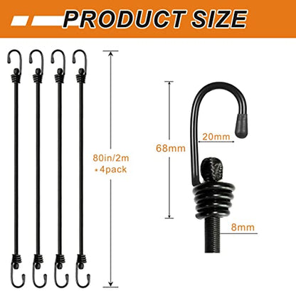BEXSLE Bungee Cords with Hooks 2m Long, Heavy Duty Outdoor Elastic Bungee Straps, No Odour Industrial Grade Bungee Rope for Securing Tarps, Luggage, Tents, Bikes or Garden Tidying 80inch 4Pcs (Black) - size: 80 inches x 4 pcs