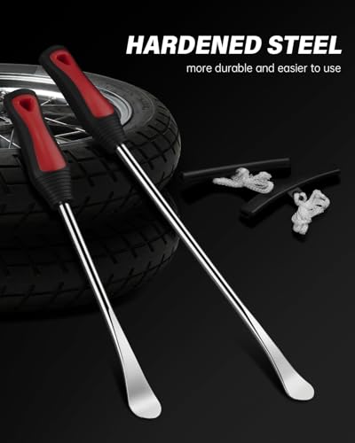ROTATION 14.5" Steel Tire Spoons Tool Set, 6-Piece Tire Iron Kit, Professional Tire Removal Tools for Motorcycle Dirt Bike Scooter, Include 3 Tire Spoons, 2 Rim Protector, 1 Valve Tool, 6 Valve Cores - size: 6pc set