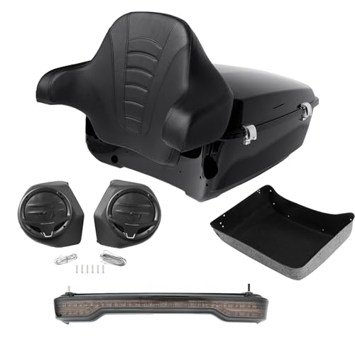 TCMT King Motorcycle Trunk Box Wrap-Around Backrest LED Brake TailLight Speakers Fit For Harley 2014-2025 Touring Road King Road Glide Electra Glide Street Glide Pack - color: Style A+Speakers#2+Smoke Taillight