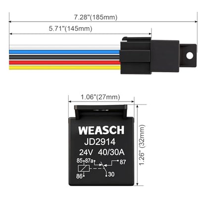 2 Pack JD2914 Car Relay Harness, 24V 40/30A, 5-Pin SPDT, 12AWG Harness Sockets, Automotive Switches and Starters, for Automotive Truck Van Motorcycle Boat - size: 5-Pin 24V