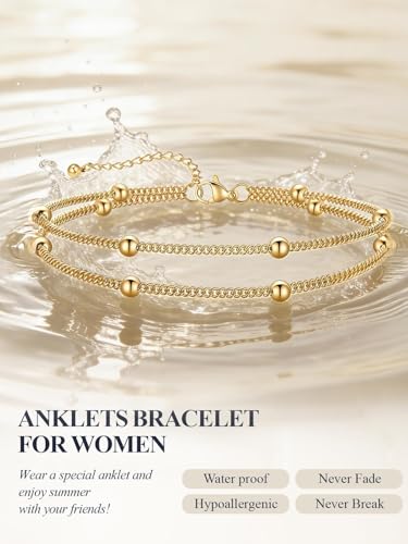 U7 Silver/Gold Ankle Bracelets for Women Layered Chain Anklets Stainless Steel Waterproof Summer Beach Anklet Cham, Adjustable 8.5"-10.5" - color: Gold - Layered Ball Chain