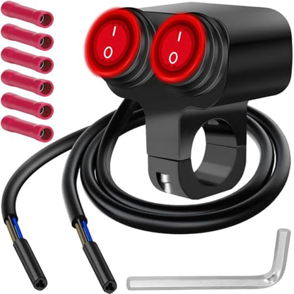 7/8" Motorcycle Handlebar Switch Dual Push Button Waterproof Switches 12V ATV ON Off with Red LED Light, Crimp Connectors Hex Key for UTV Bike Scooters Headlight Hazard Brake (22mm) - color: Dual Red LED Push Button