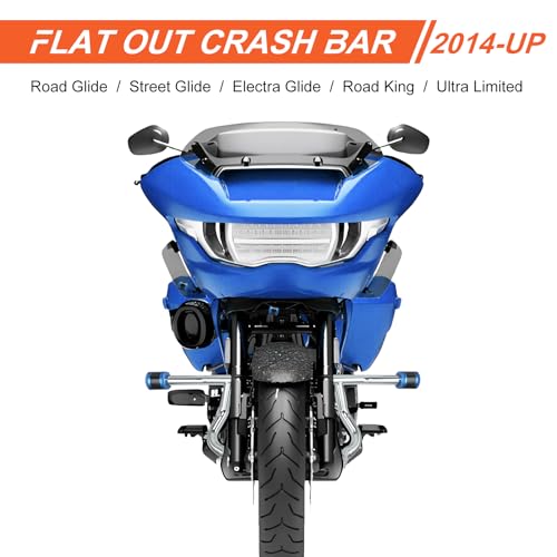 Engine Guard Flat Out Crash Bar for 2014-2025 Harley Touring Street Glide Road Glide Road King Electra Glide Ultra Models (Chrome w/Blue CNC) - color: Chrome w/Blue CNC