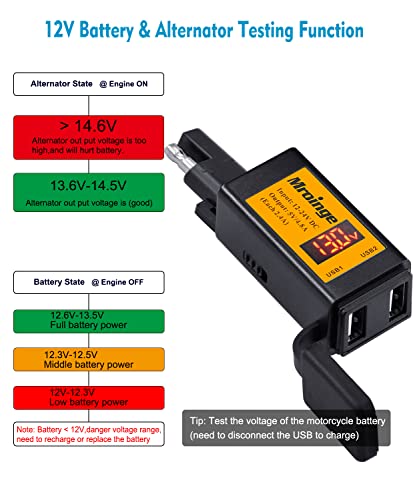 Motorcycle USB Charger, Mroinge 4.8A SAE to USB Adapter with Voltmeter & Ammeter, Quick Disconnect Plug with Dual USB Charger Perfect for Smart Device Charging, with ON/Off Switch - size: 4.8A @ 5V