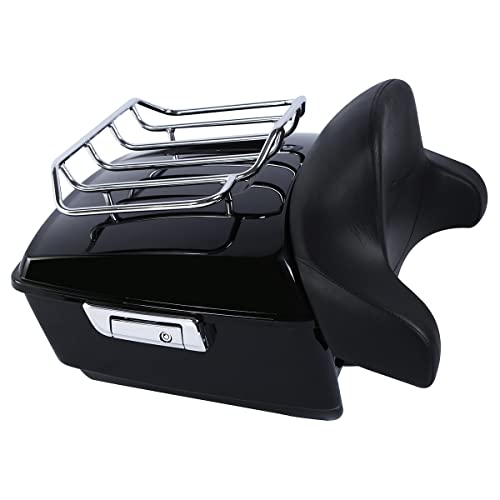SLMOTO Vivid Black King Tour Trunk Trunk w/Chrome latch kit +Luggage Rack+Backrest Fits For Harley Davidson Touring Road King, Road Glide, Street Glide and Select CVO Models 2014-2024 - color: AStyle #14
