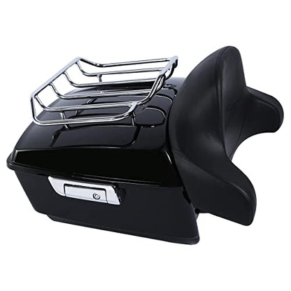 SLMOTO Vivid Black King Tour Trunk Trunk w/Chrome latch kit +Luggage Rack+Backrest Fits For Harley Davidson Touring Road King, Road Glide, Street Glide and Select CVO Models 2014-2024 - color: AStyle #14