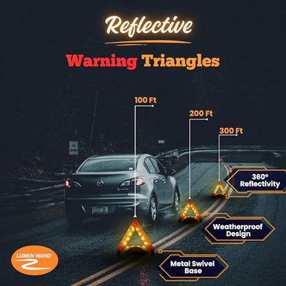 Lumen Wand 3-Pack LED Reflective Warning Triangles Kit for Road Safety, Metal Base, Internal LEDs & External Reflectors; Includes Storage Bag & 9 AAA Batteries Emergency Triangle - size: Pack of 3