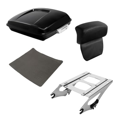 XFMT Motorcycle 5.5" Vivid Black Razor Trunk Luggage W/Backrest Pad + Chrome Mount Rack For Harley Touring Road King Street Glide Road Glide Electra Glide Ultra Classic 2014-Later - color: Vivid Black W/ Chrome Latches Set 3