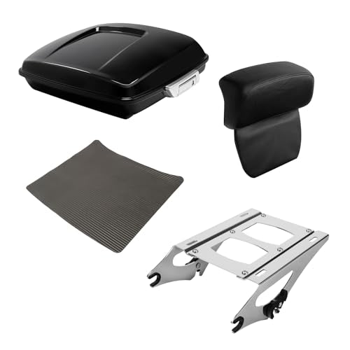 XFMT Motorcycle 5.5" Vivid Black Razor Trunk Luggage W/Backrest Pad + Chrome Mount Rack For Harley Touring Road King Street Glide Road Glide Electra Glide Ultra Classic 2014-Later - color: Vivid Black W/ Chrome Latches Set 3