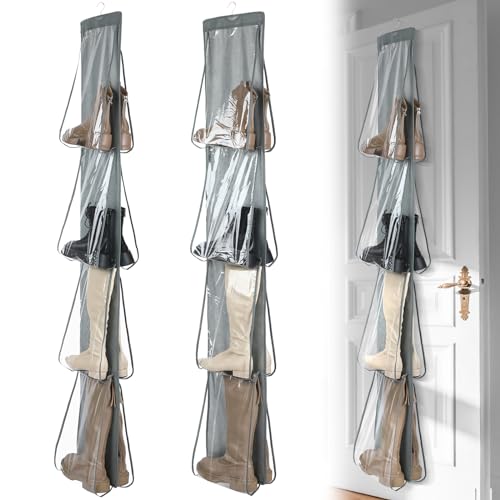 Windyun 16 Pairs Large Clear Pockets Fabric Dual Sided Hanging Shoe Rack for Closets Hanging Shoe Organizer with Rotating Hanger Boot Organizer for Storage Men's and Woman's Boots(Gray) - color: Gray