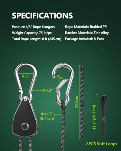 8-Pack 1/8” Ratchet Straps, Heavy Duty Ratchet Tie Down Straps Kayak Hanger with Reinforced Metal Gear Safety Lock, Rope Pulley System for Hanging Plants Grow Light and Various Tie-Down Uses - size: 8-Pack 1/8"