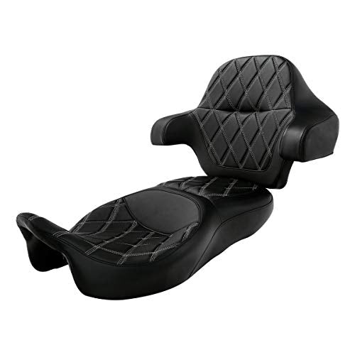 C.C.Rider Motorcycle Seat Backrest Pad - Fat Diamond 2-Up One-Piece fit for Harley Touring Road King Street Glide Road Glide Electra Glide 2014-2023 - color: 11# Grey+Passenger Backrest