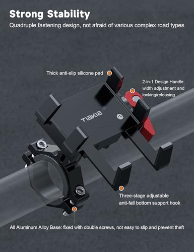 Tiakia Bike Phone Mount Holder, Aluminum Motorcycle Phone Mount, Handlebar Mounted Cell Phone Holder for Bike, 360° Rotation, Universal Bicycle Phone Mount for 4.5-7 Inch Phones (Upgrade-Black Red) - color: Upgrade-Black Red